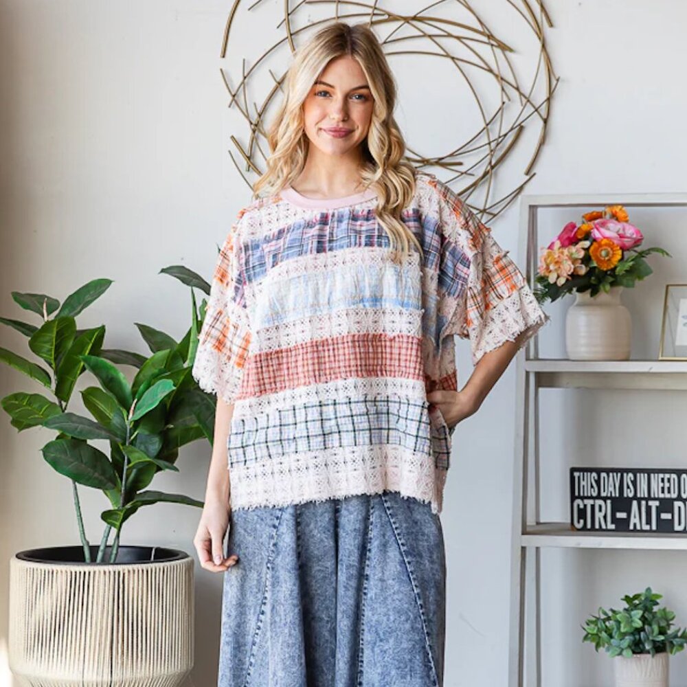 Oli & Hali Lace Plaid Mix Knit Top in Blush - Picture 4 of 6